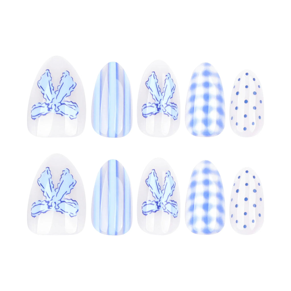 Light Blue Bow Press-On Nails – Short Almond, Reusable