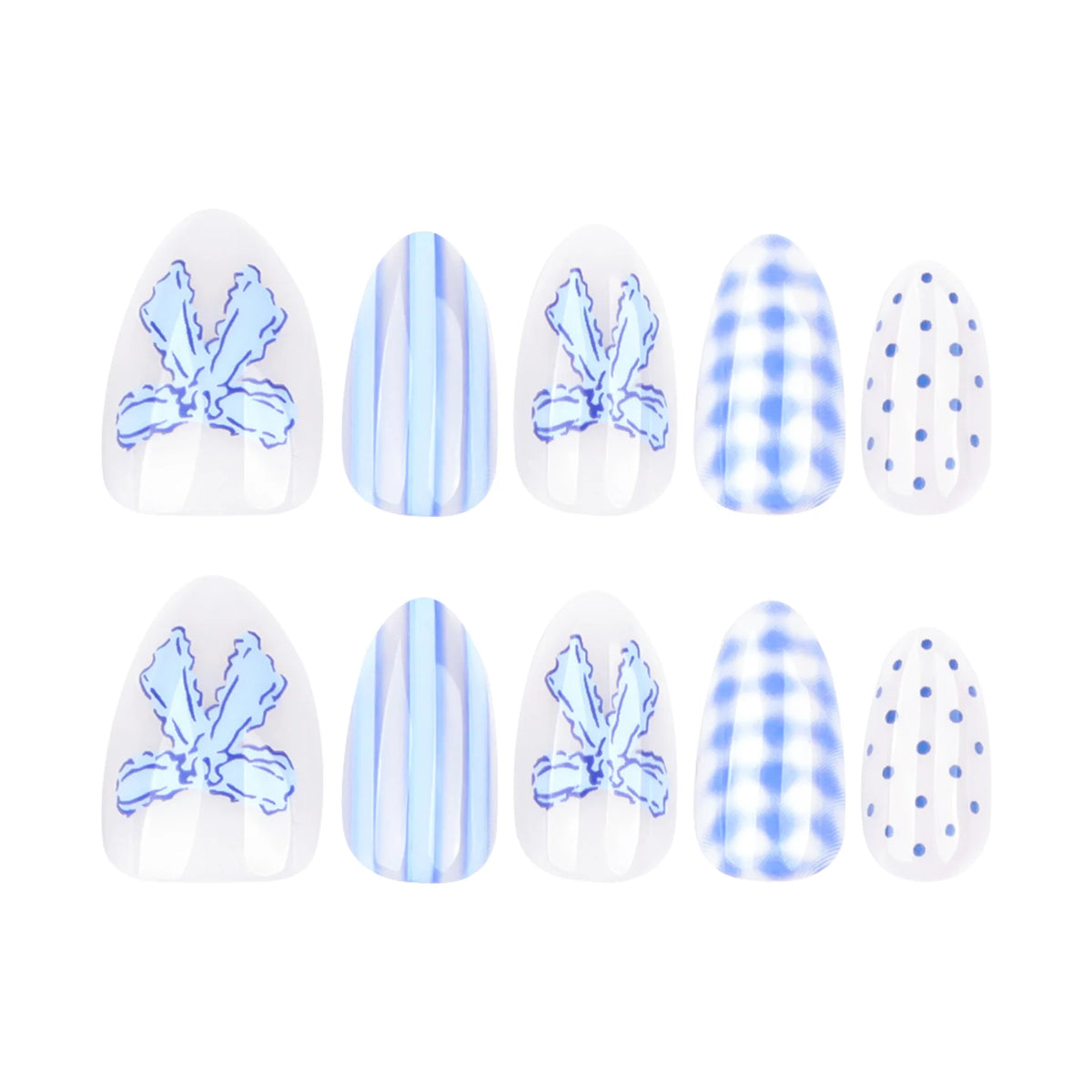 Light Blue Bow Press-On Nails – Short Almond, Reusable