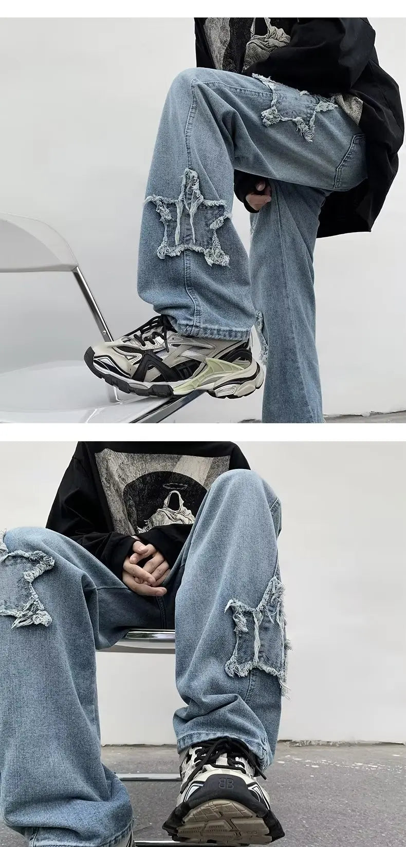 MoveX Star Embroidered Baggy Jeans