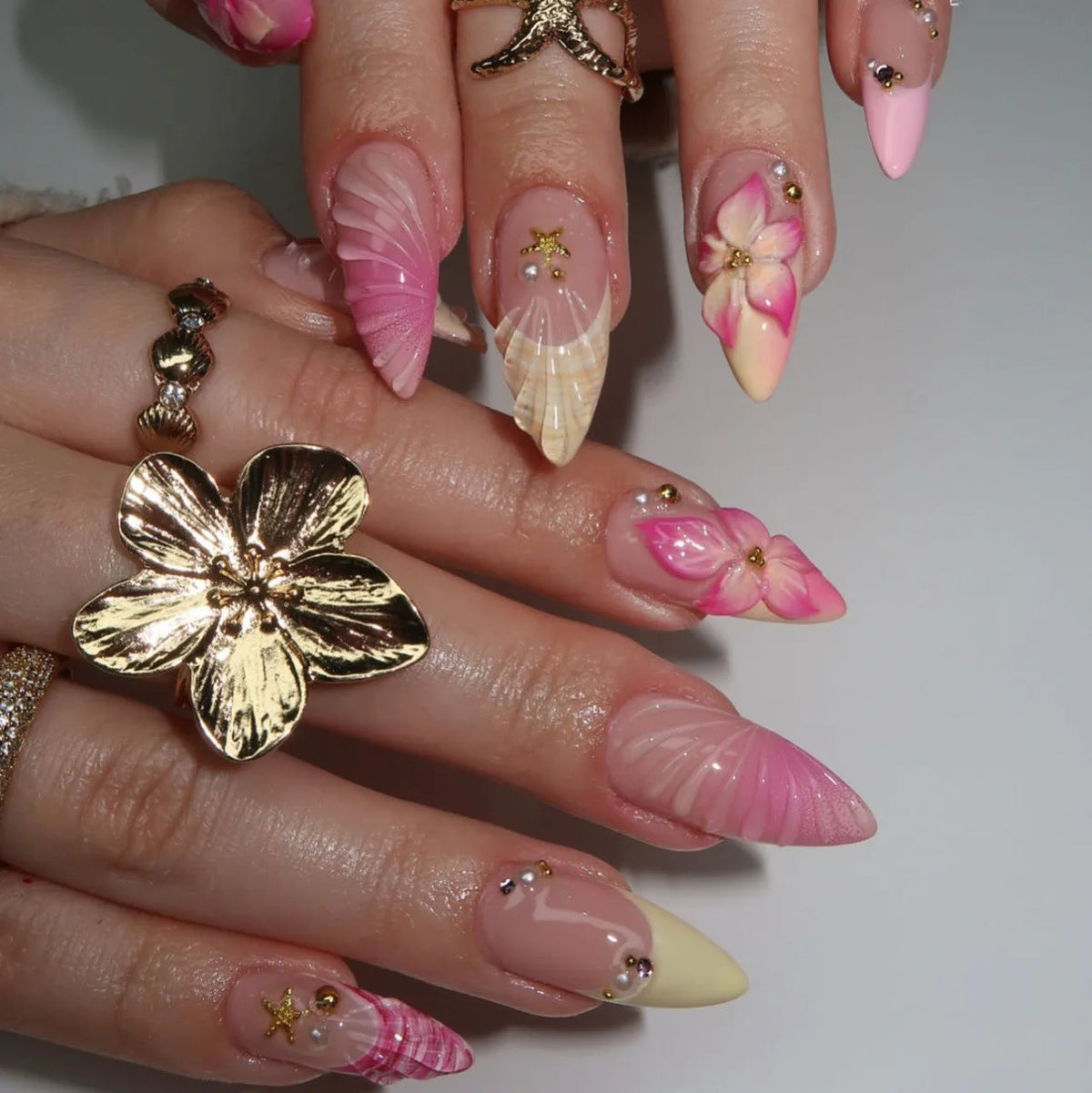 Pearl Starlight Almond Press-On Nails – 24 Pcs (Assorted Designs)
