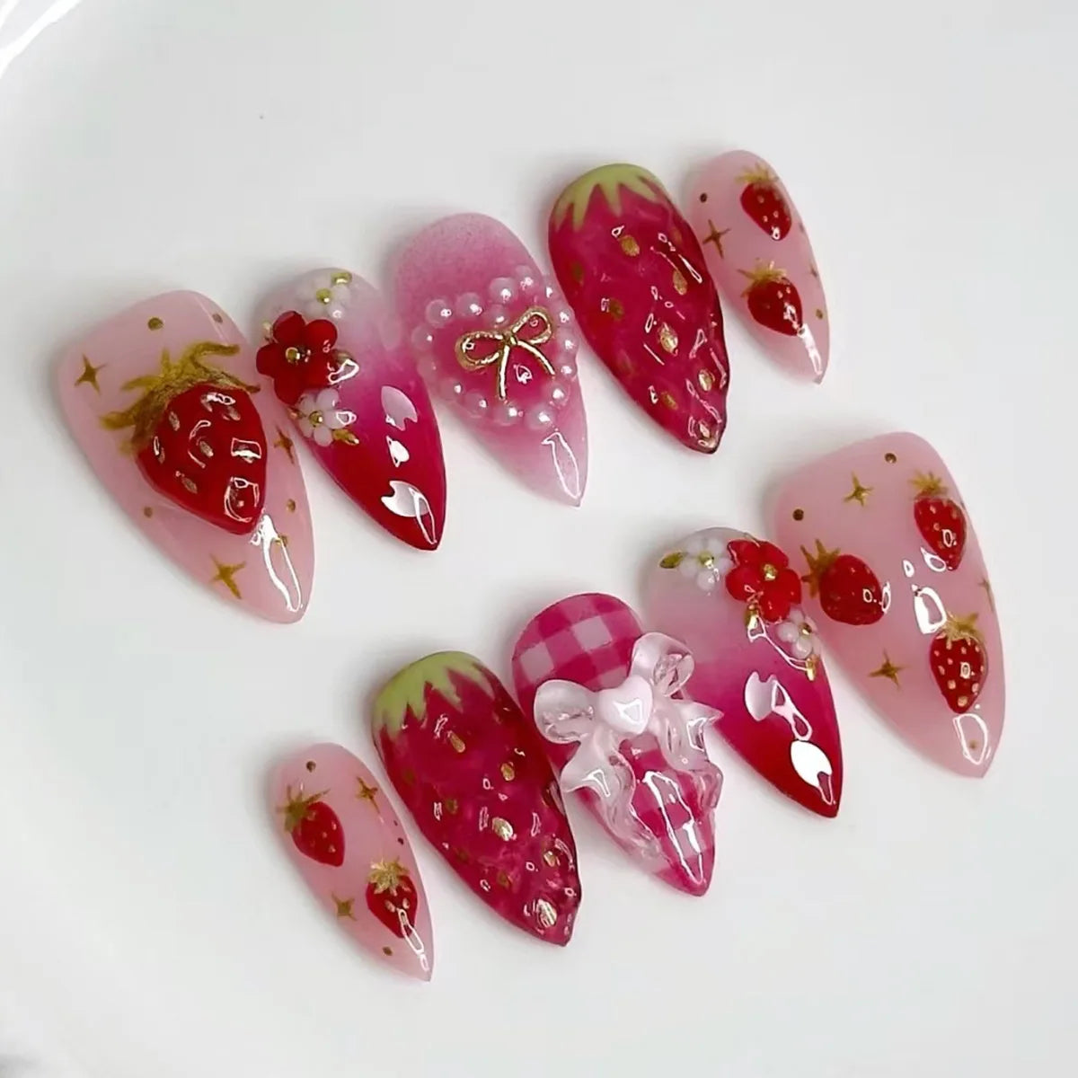 Pearl Starlight Almond Press-On Nails – 24 Pcs (Assorted Designs)