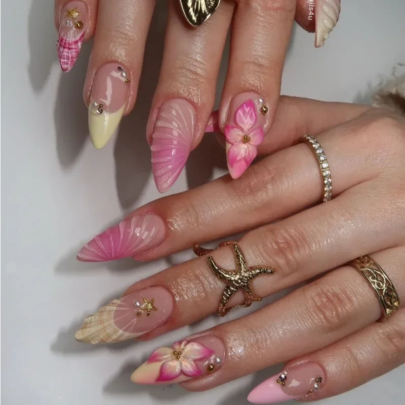 Pearl Starlight Almond Press-On Nails – 24 Pcs (Assorted Designs)