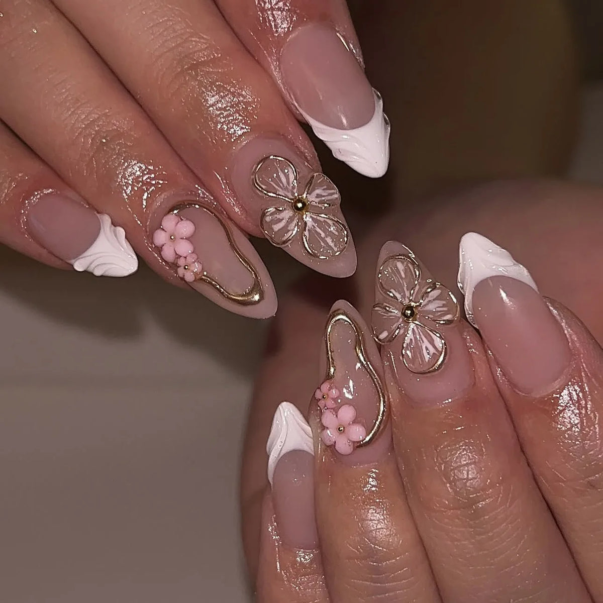 Pearl Starlight Almond Press-On Nails – 24 Pcs (Assorted Designs)