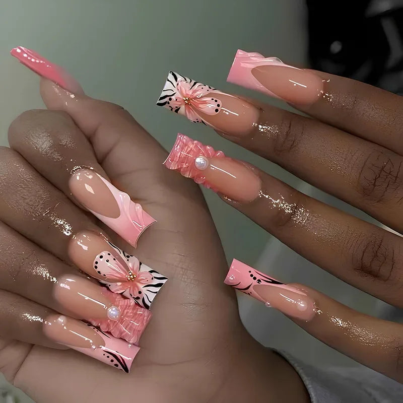 Leopard Print Press-On Nails – 24 Pcs Long Square with Cherry Design