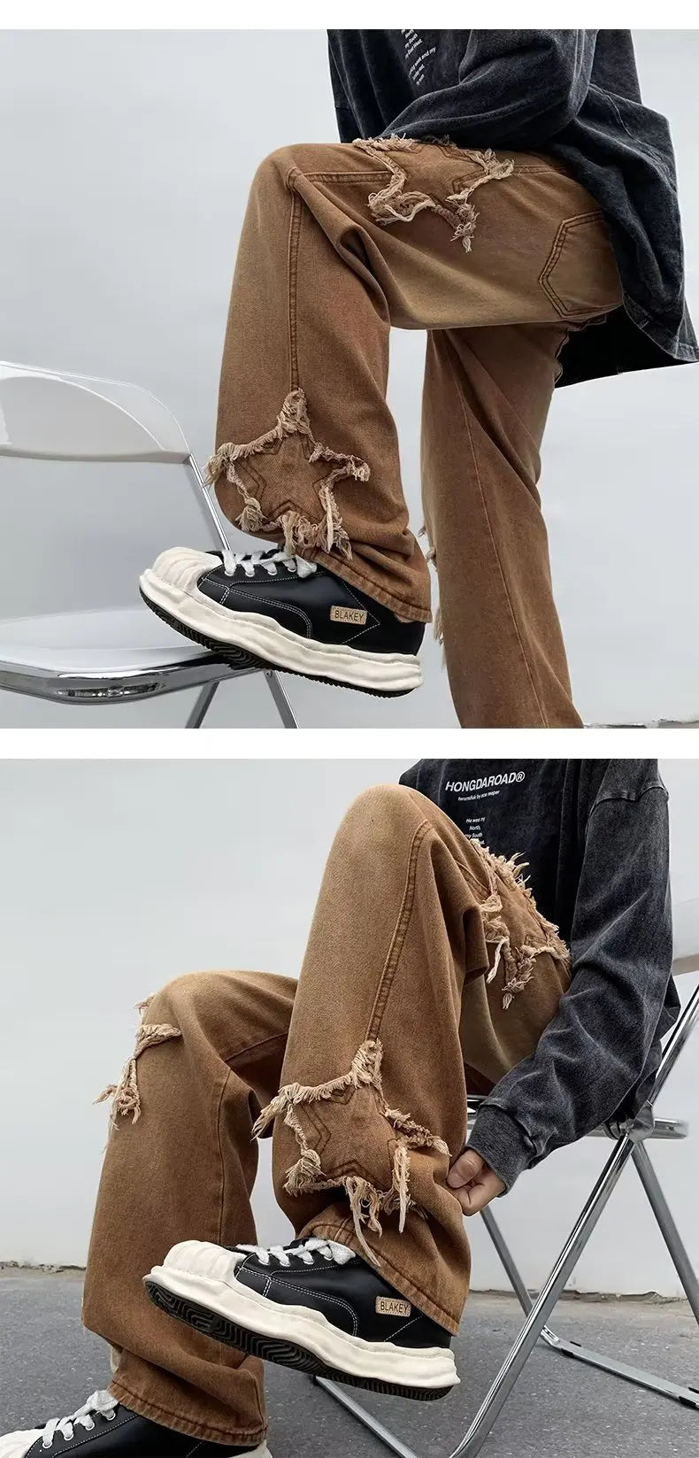 MoveX Star Embroidered Baggy Jeans