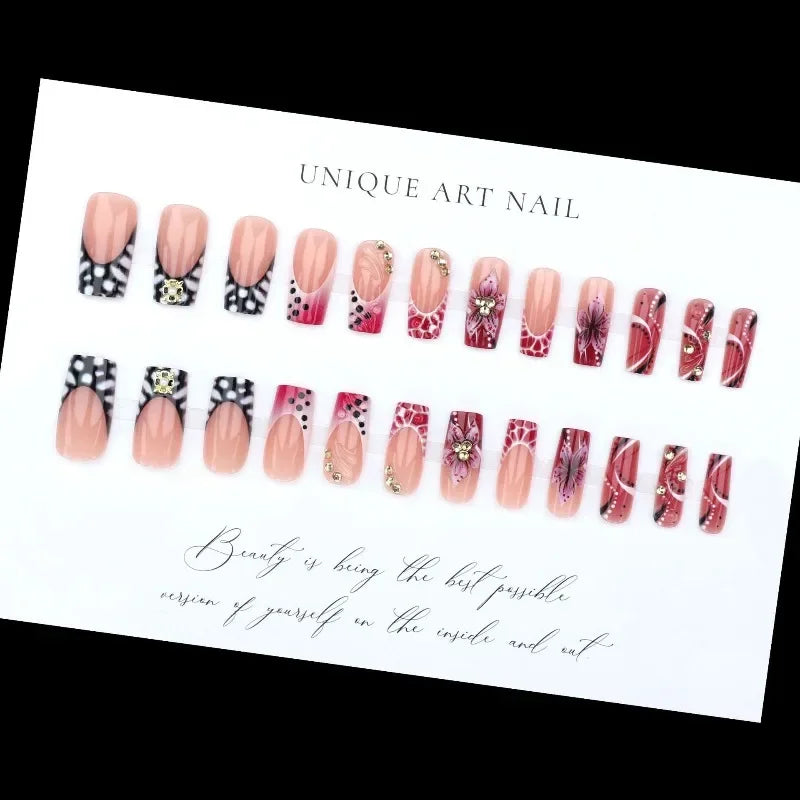 Leopard Print Press-On Nails – 24 Pcs Long Square with Cherry Design
