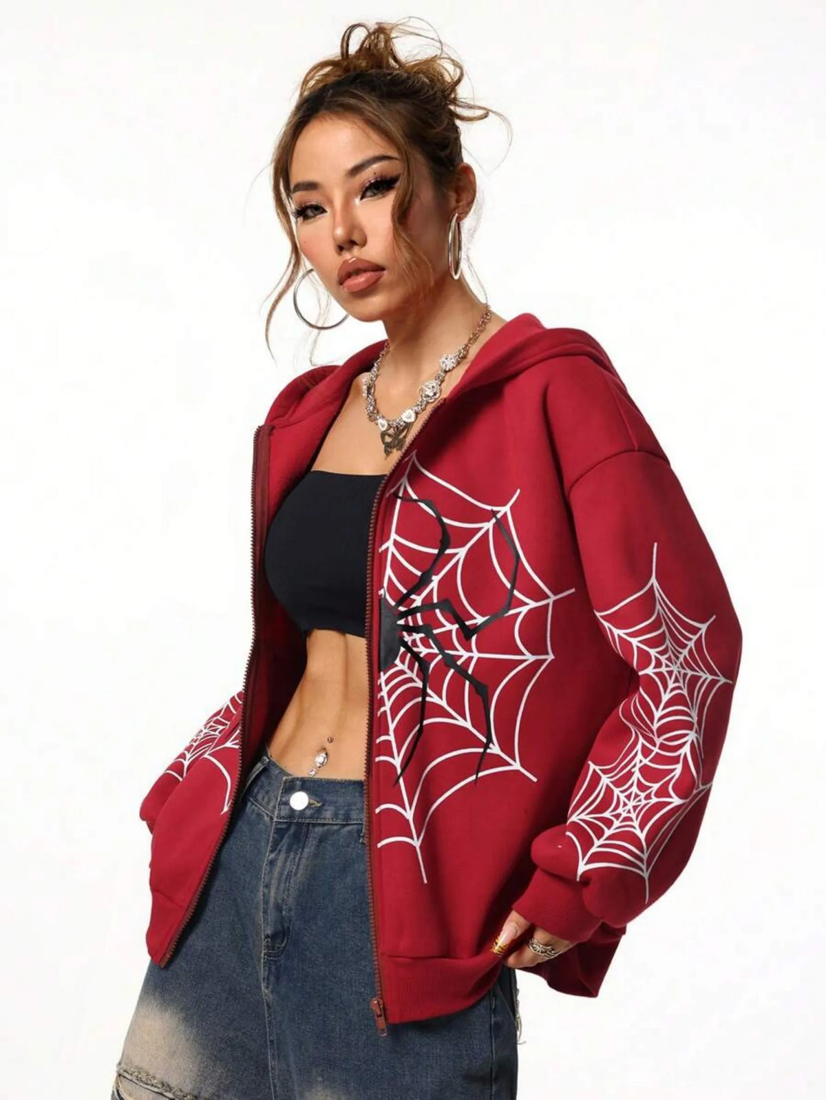 MoveX Y2K Spider Web Zip-Up Hoodie