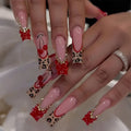 Leopard Print Press-On Nails – 24 Pcs Long Square with Cherry Design