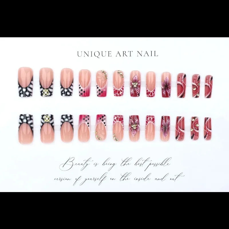 Leopard Print Press-On Nails – 24 Pcs Long Square with Cherry Design