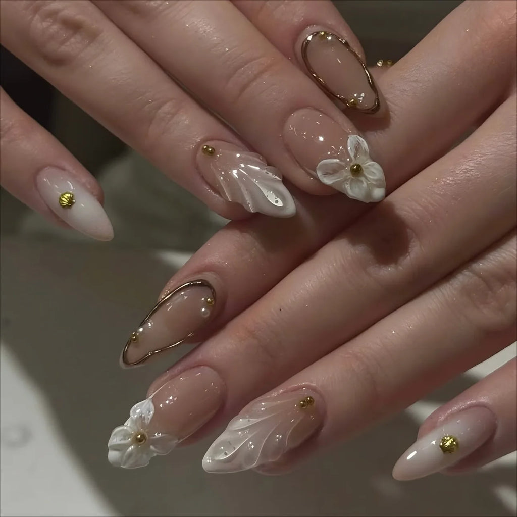 Pearl Starlight Almond Press-On Nails – 24 Pcs (Assorted Designs)