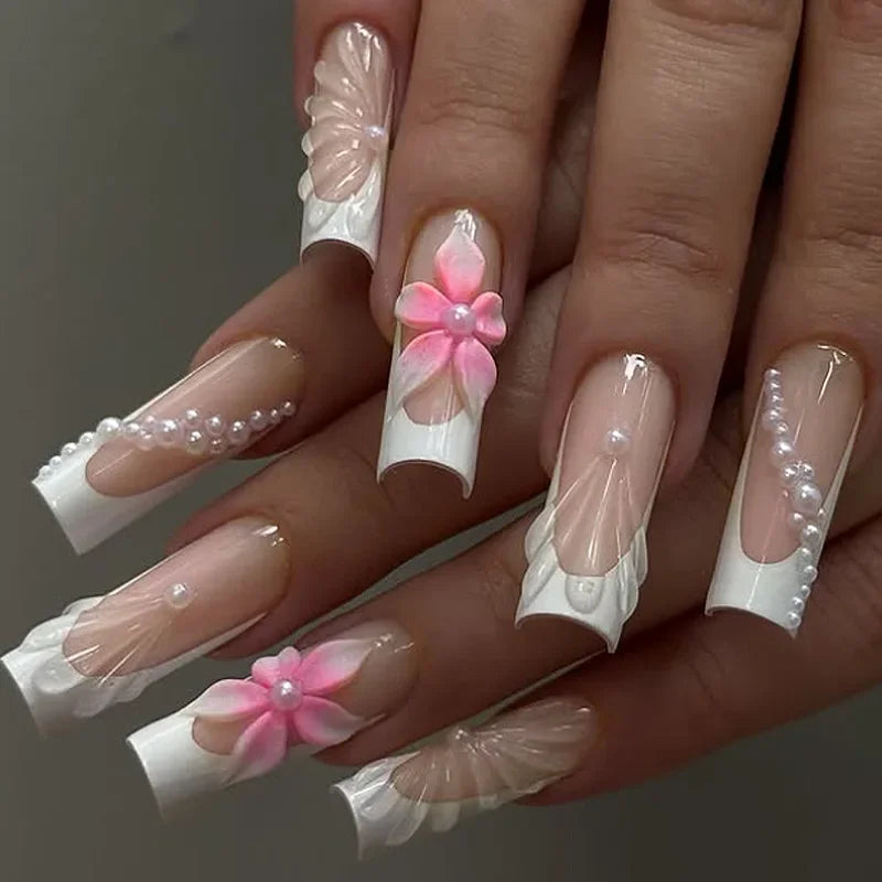 Leopard Print Press-On Nails – 24 Pcs Long Square with Cherry Design
