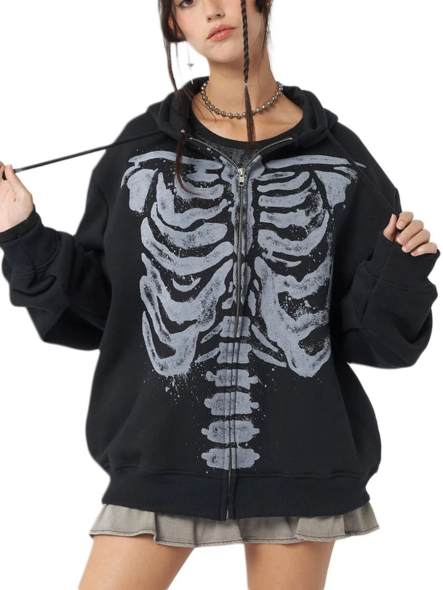 MoveX Women's Skull Print Grunge Zip-Up Hoodie