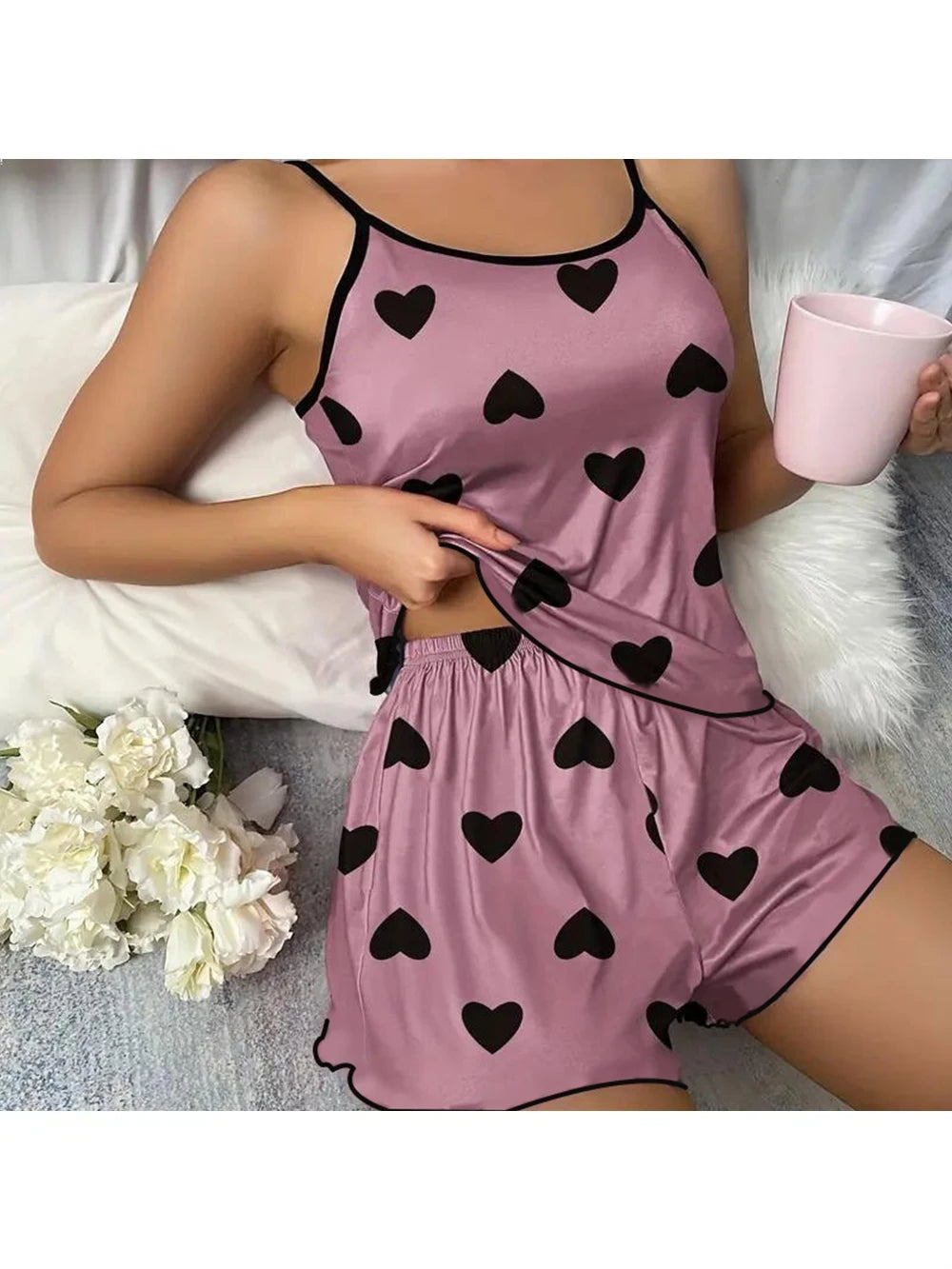 MoveX Women's Heart Print Tee & Shorts Pajama Set