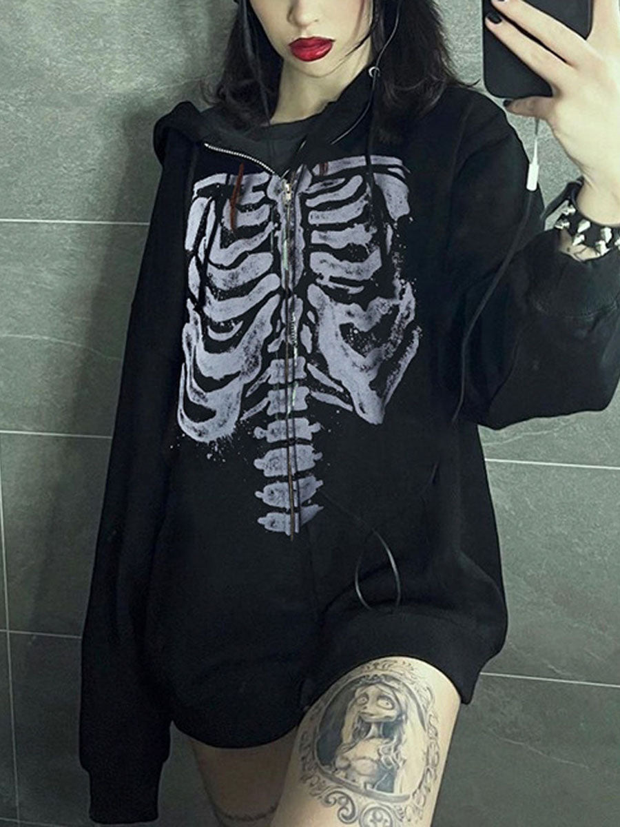 MoveX Women's Skull Print Grunge Zip-Up Hoodie