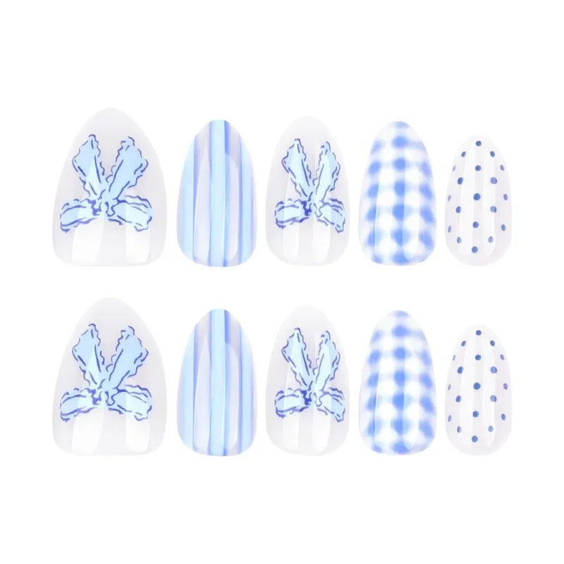 Light Blue Bow Press-On Nails – Short Almond, Reusable