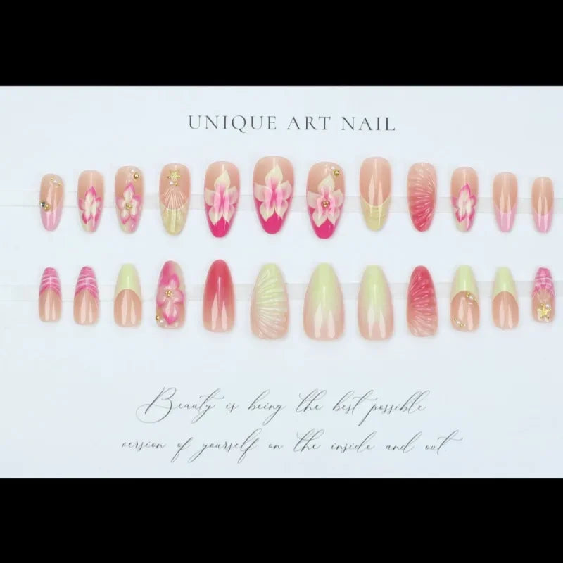 Pearl Starlight Almond Press-On Nails – 24 Pcs (Assorted Designs)