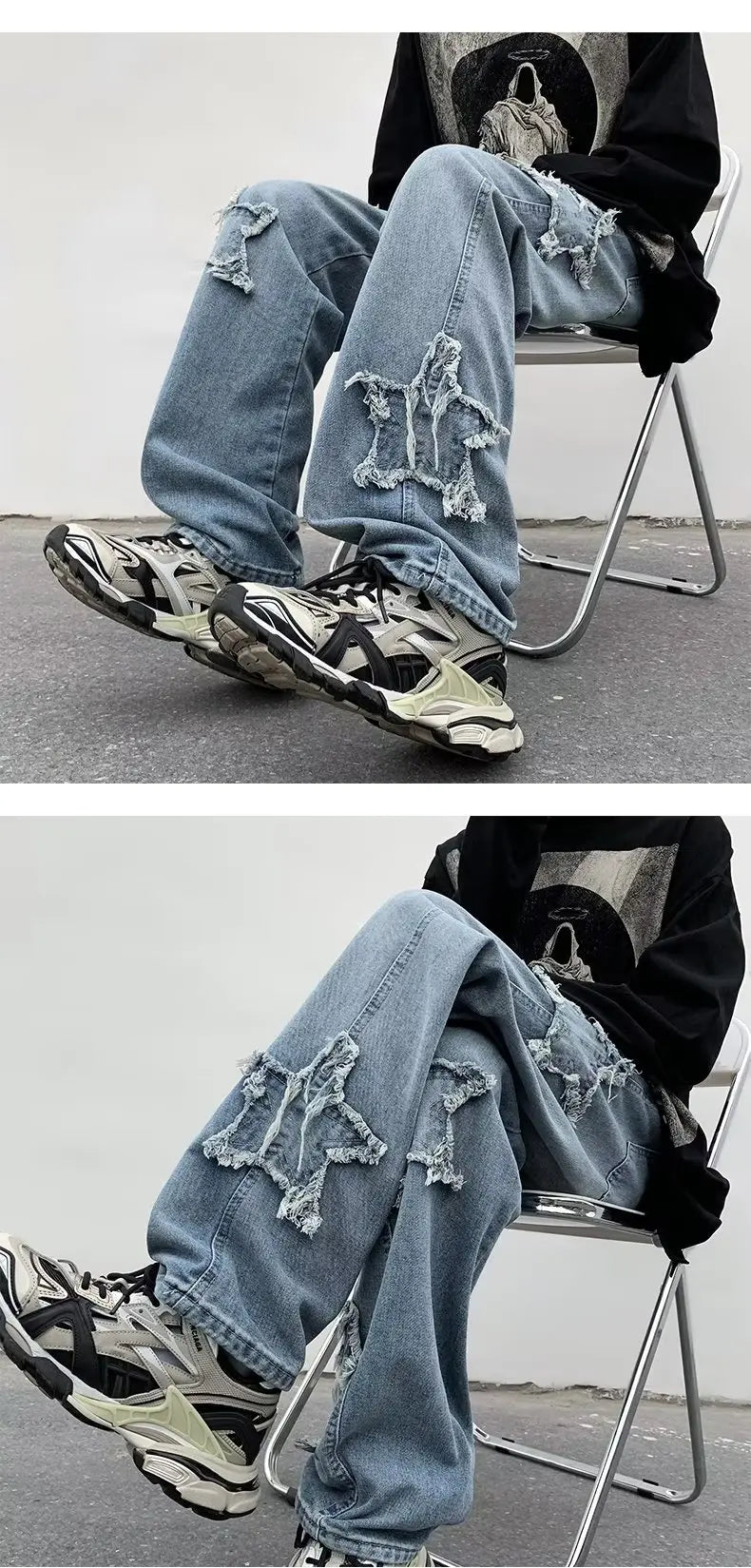 MoveX Star Embroidered Baggy Jeans