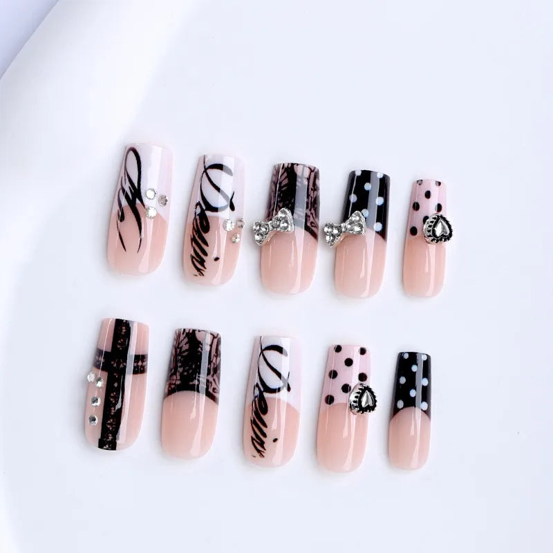 Y2K Black Lace Press-On Nails – 24 Pcs Medium Square with 3D Silver Bows