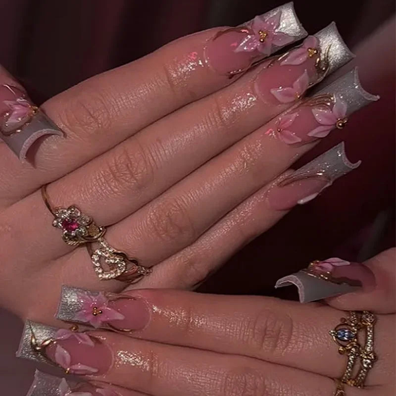 Leopard Print Press-On Nails – 24 Pcs Long Square with Cherry Design