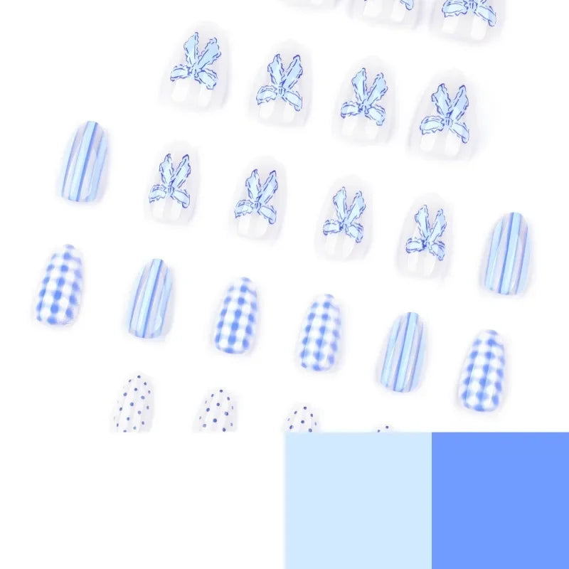 Light Blue Bow Press-On Nails – Short Almond, Reusable