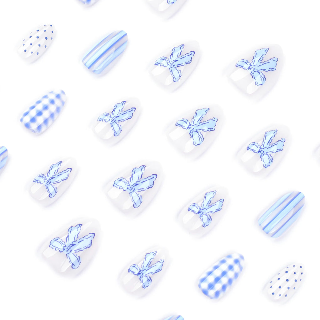 Light Blue Bow Press-On Nails – Short Almond, Reusable