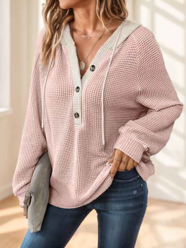 MoveX Women's Waffle Knit Henley Hoodie Button Front Drawstring Pullover