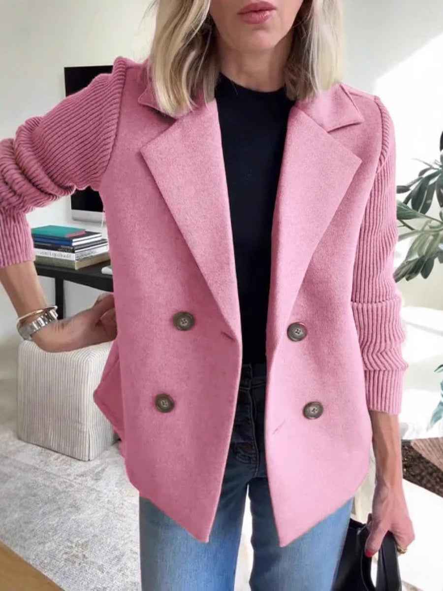 MoveX Women's Double Breasted Pea Coat Short Lapel Jacket Knit Sleeves