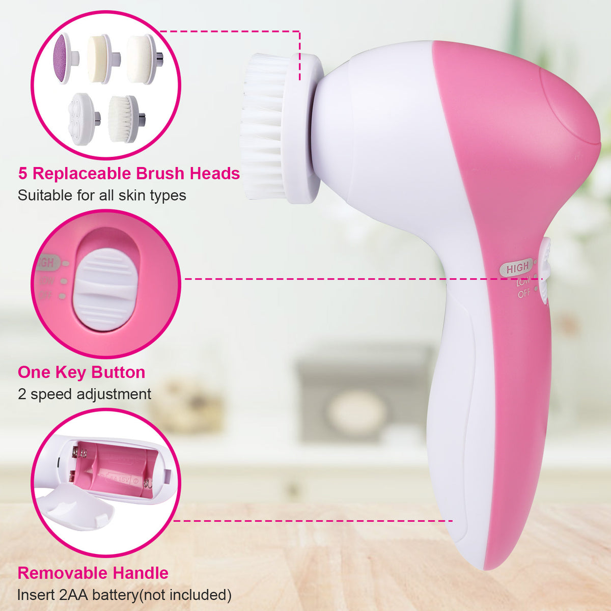 Facial cleansing spin brush with 5 brush heads pink - front view