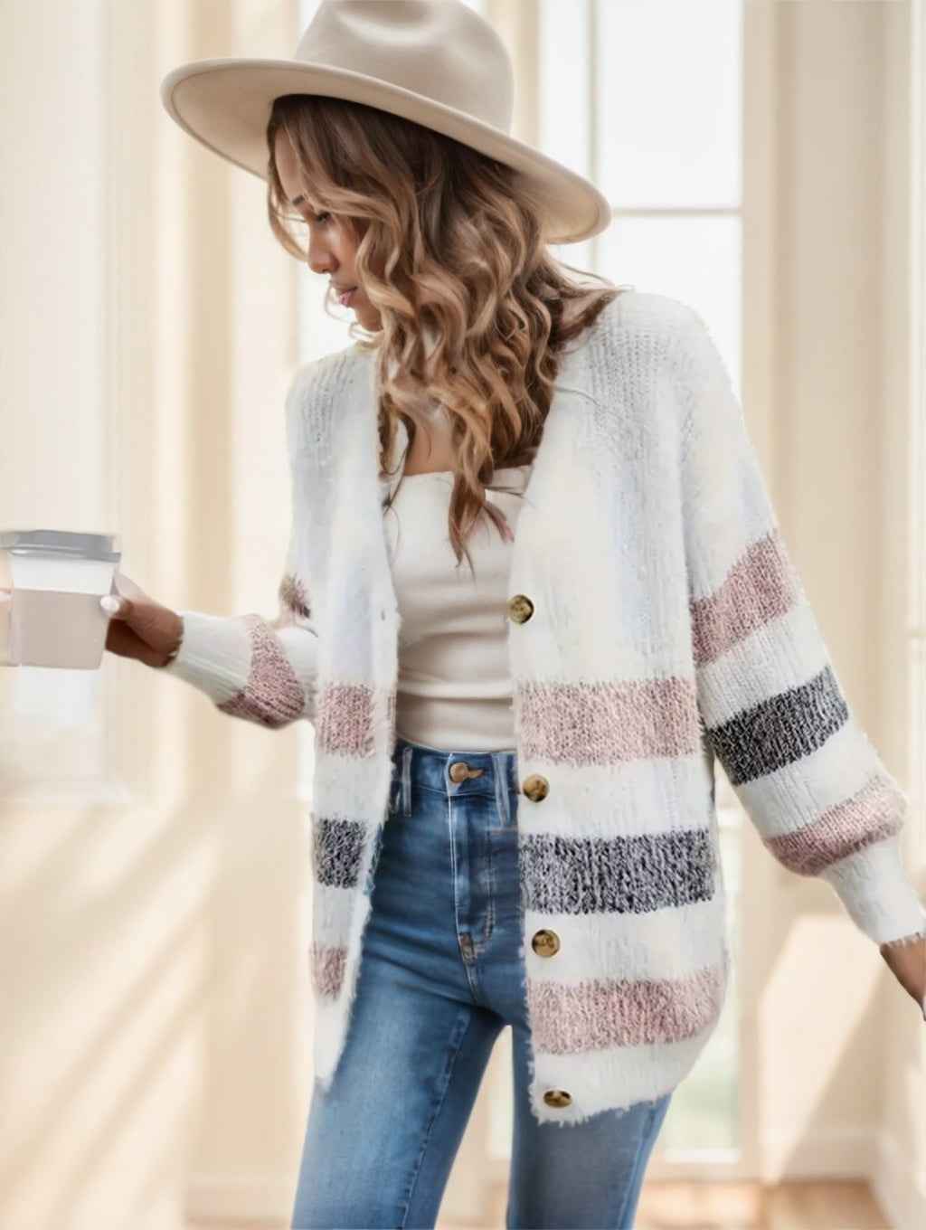 Women's Striped Button Cardigan