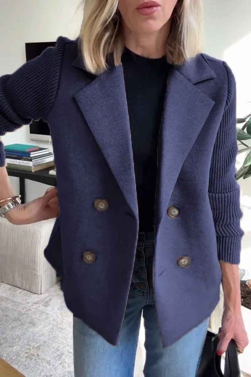 MoveX Women's Double Breasted Pea Coat Short Lapel Jacket Knit Sleeves