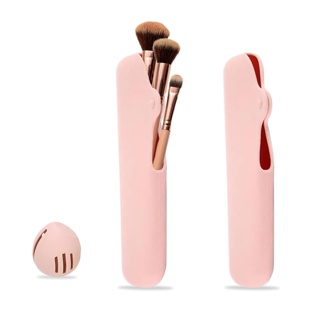 Silicone makeup brush holder travel case with sponge holder pink - front view