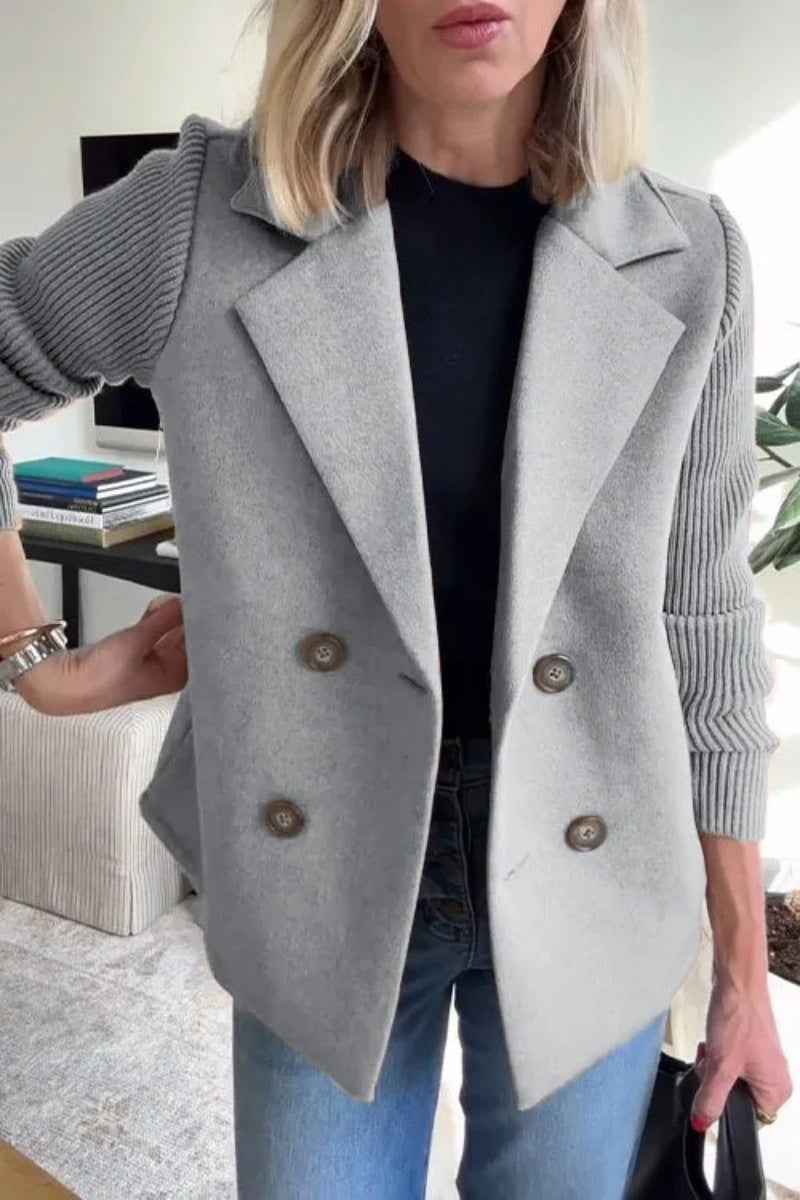 MoveX Women's Double Breasted Pea Coat Short Lapel Jacket Knit Sleeves