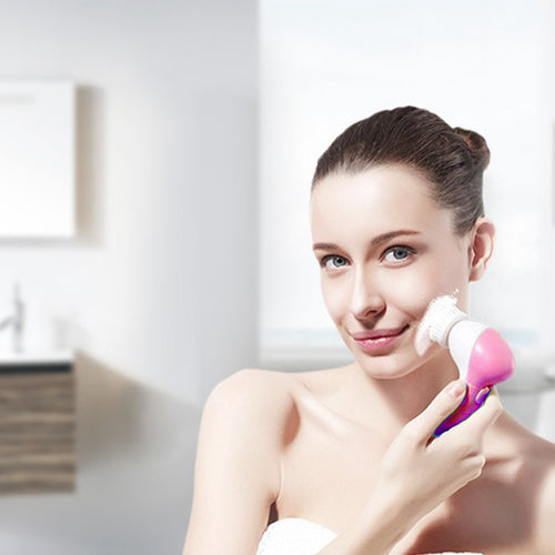 Facial cleansing spin brush with 5 brush heads pink - image 2
