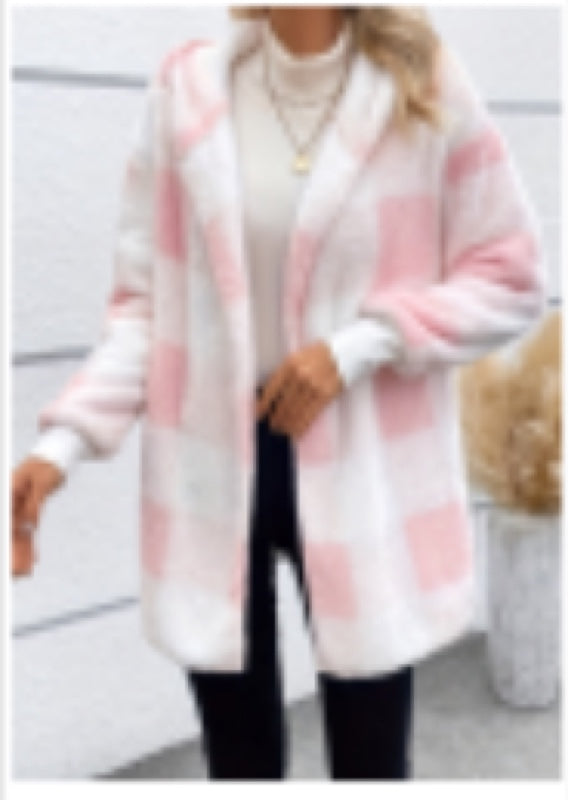 Women's fuzzy plaid hooded cardigan - Pink