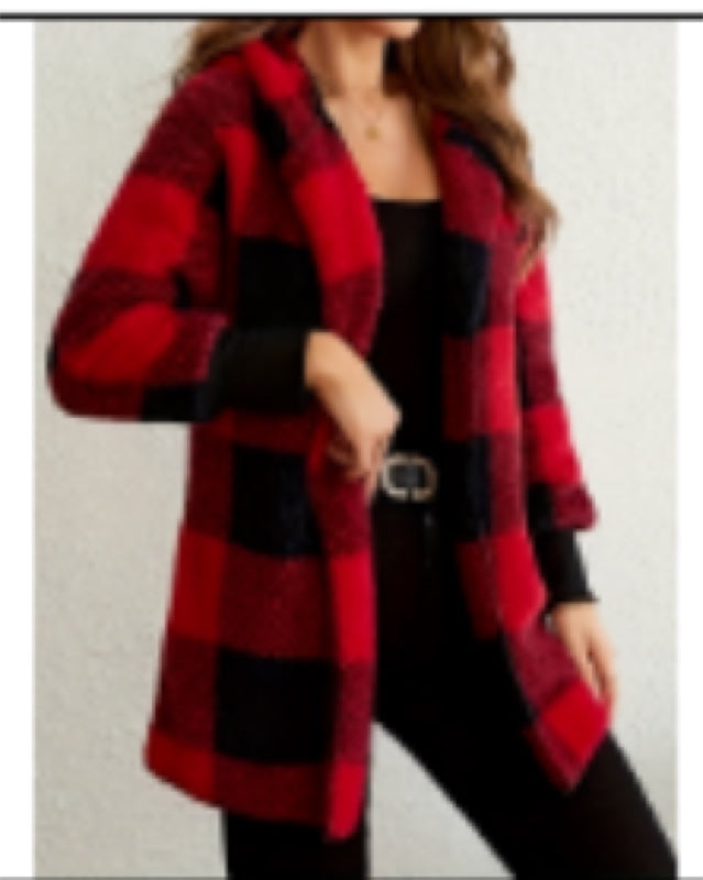 Women's fuzzy plaid hooded cardigan - Red